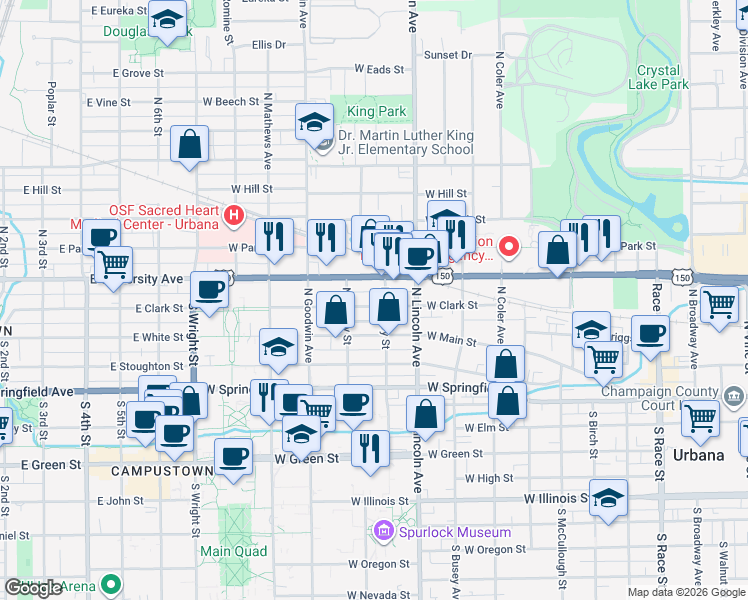 map of restaurants, bars, coffee shops, grocery stores, and more near 1002 West Clark Street in Urbana