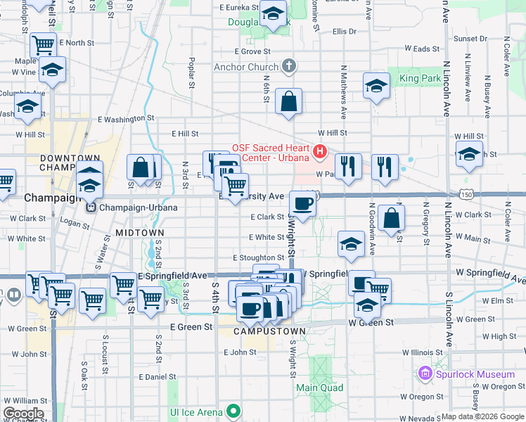 map of restaurants, bars, coffee shops, grocery stores, and more near 601 East University Avenue in Champaign
