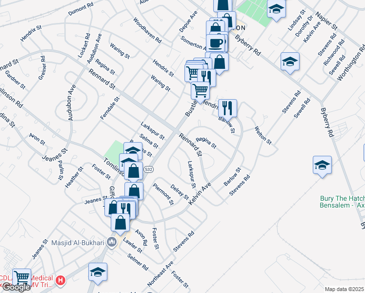 map of restaurants, bars, coffee shops, grocery stores, and more near 801 Larkspur Street in Philadelphia