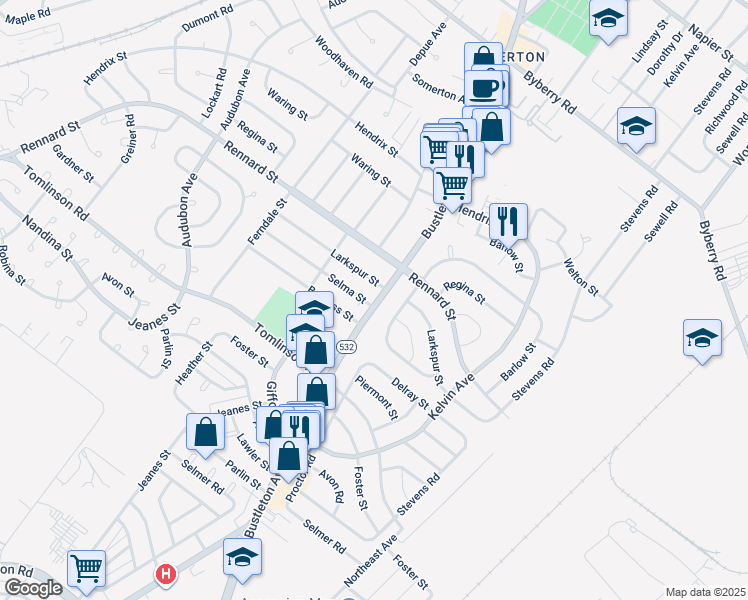 map of restaurants, bars, coffee shops, grocery stores, and more near 573 Selma Street in Philadelphia