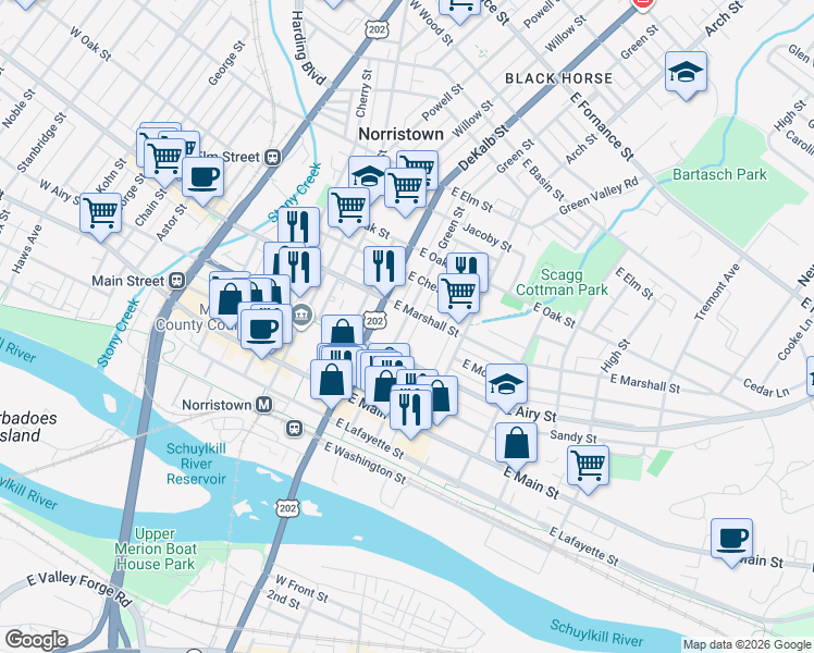 map of restaurants, bars, coffee shops, grocery stores, and more near 217 East Marshall Street in Norristown