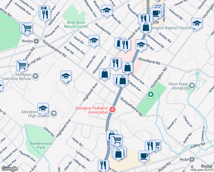 map of restaurants, bars, coffee shops, grocery stores, and more near 1945 Susquehanna Road in Abington