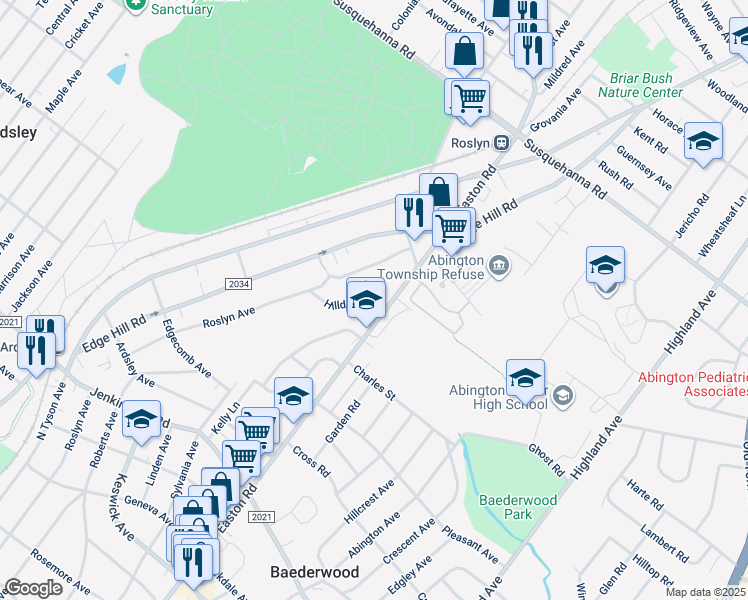 map of restaurants, bars, coffee shops, grocery stores, and more near 870 Hilldale Road in Glenside