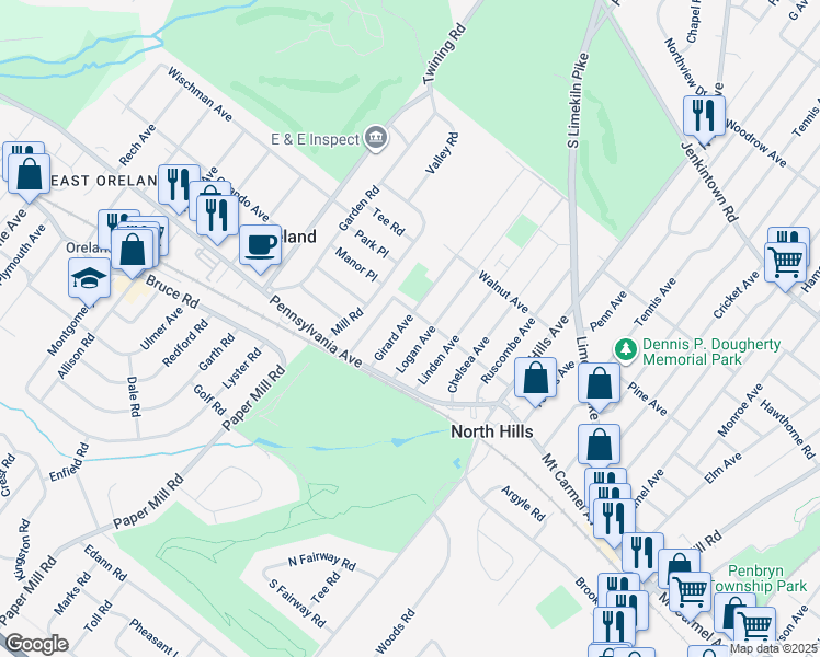 map of restaurants, bars, coffee shops, grocery stores, and more near 153 Girard Avenue in Glenside