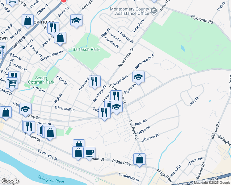 map of restaurants, bars, coffee shops, grocery stores, and more near 814 East Fornance Street in Norristown