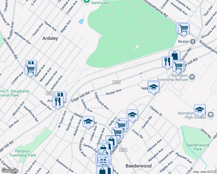 map of restaurants, bars, coffee shops, grocery stores, and more near 701 Edge Hill Road in Glenside