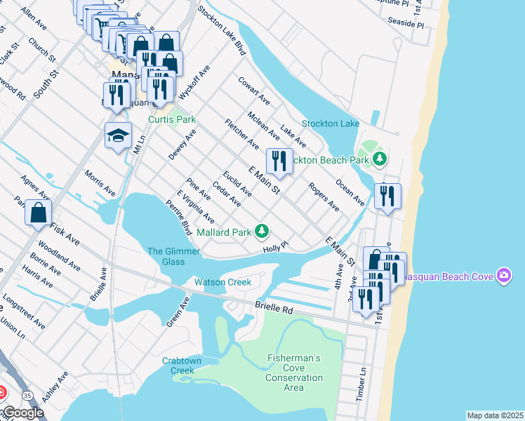 map of restaurants, bars, coffee shops, grocery stores, and more near 407 Euclid Avenue in Manasquan