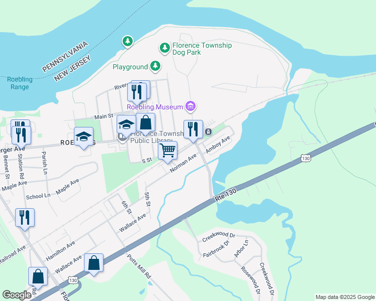 map of restaurants, bars, coffee shops, grocery stores, and more near 50A Alden Avenue in Florence