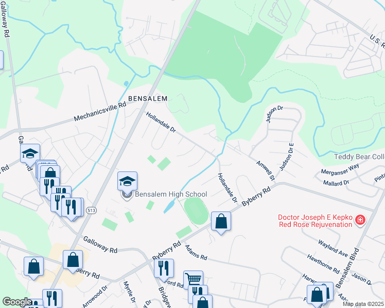 map of restaurants, bars, coffee shops, grocery stores, and more near 4759 Lanfair Place in Bensalem