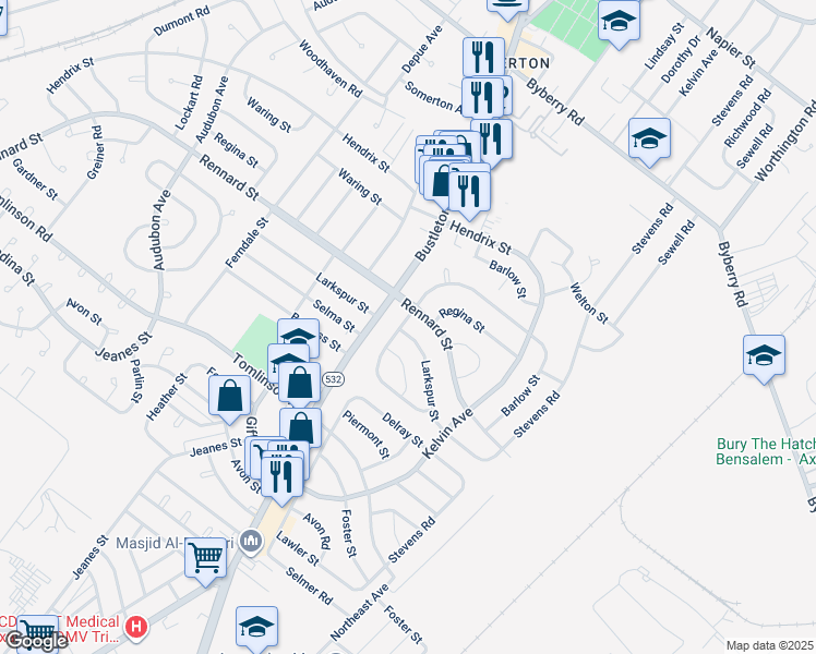 map of restaurants, bars, coffee shops, grocery stores, and more near 801 Larkspur Street in Philadelphia