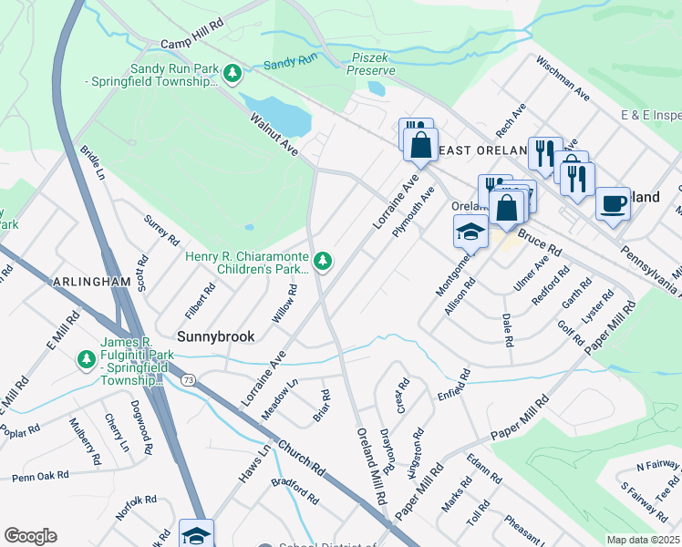 map of restaurants, bars, coffee shops, grocery stores, and more near 315 Lorraine Avenue in Oreland