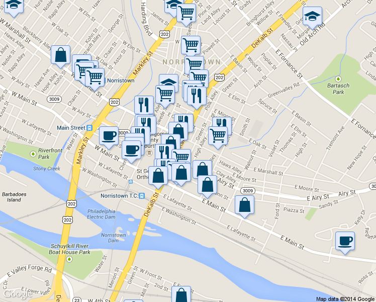 map of restaurants, bars, coffee shops, grocery stores, and more near 534 DeKalb Street in Norristown