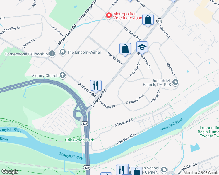 map of restaurants, bars, coffee shops, grocery stores, and more near 1180 South Trooper Road in Eagleville