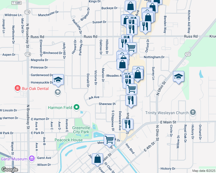 map of restaurants, bars, coffee shops, grocery stores, and more near 243 Marion Drive in Greenville
