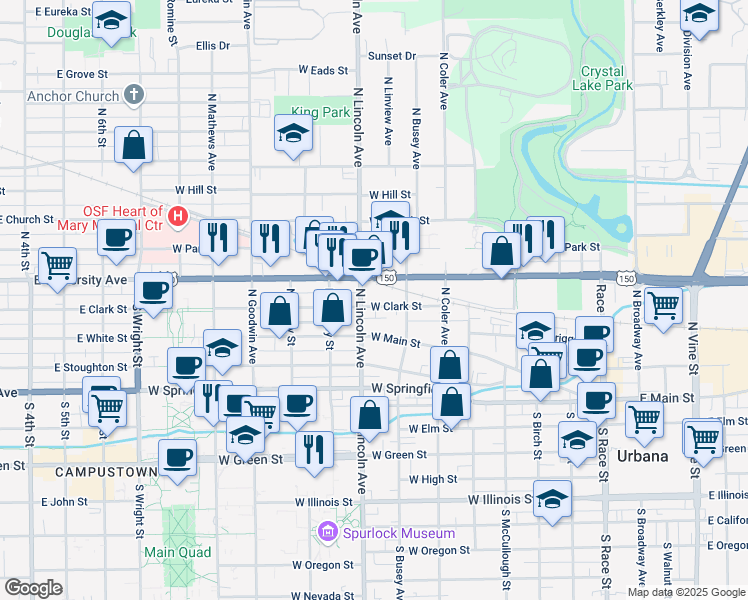 map of restaurants, bars, coffee shops, grocery stores, and more near 901 West University Avenue in Urbana