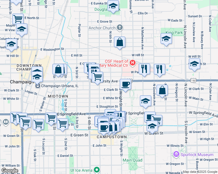 map of restaurants, bars, coffee shops, grocery stores, and more near 601 East University Avenue in Champaign