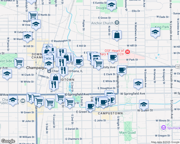 map of restaurants, bars, coffee shops, grocery stores, and more near 307 East University Avenue in Champaign