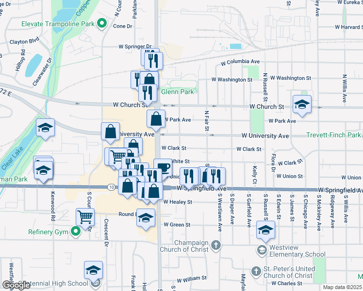map of restaurants, bars, coffee shops, grocery stores, and more near 1703 West University Avenue in Champaign