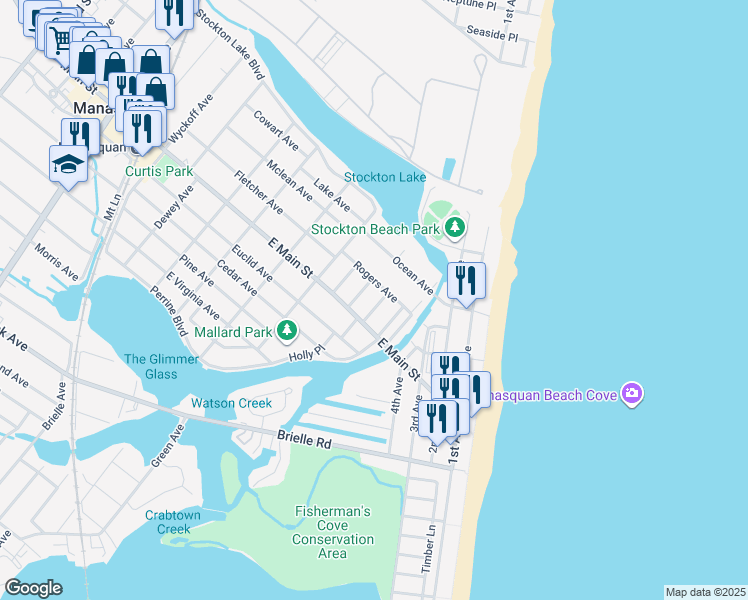 map of restaurants, bars, coffee shops, grocery stores, and more near 15 Pershing Avenue in Manasquan