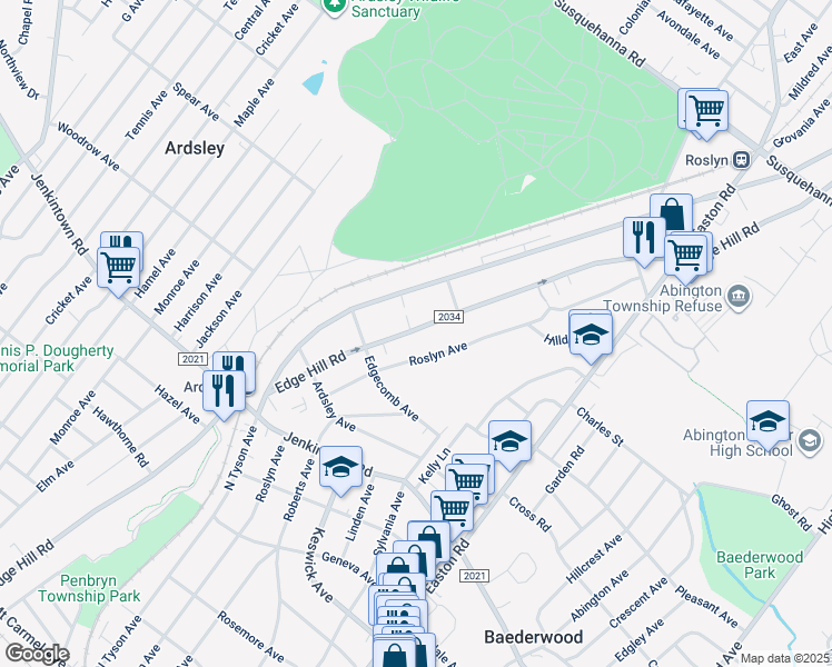map of restaurants, bars, coffee shops, grocery stores, and more near 701 Edge Hill Road in Glenside