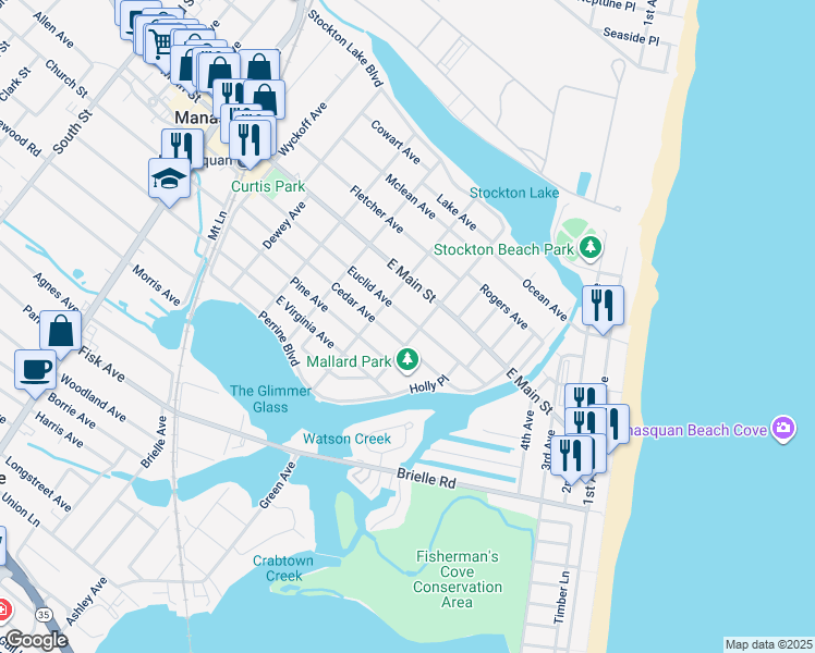 map of restaurants, bars, coffee shops, grocery stores, and more near 407 Euclid Avenue in Manasquan