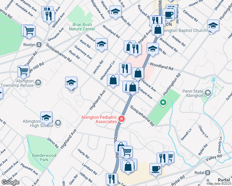 map of restaurants, bars, coffee shops, grocery stores, and more near 1945 Susquehanna Road in Abington