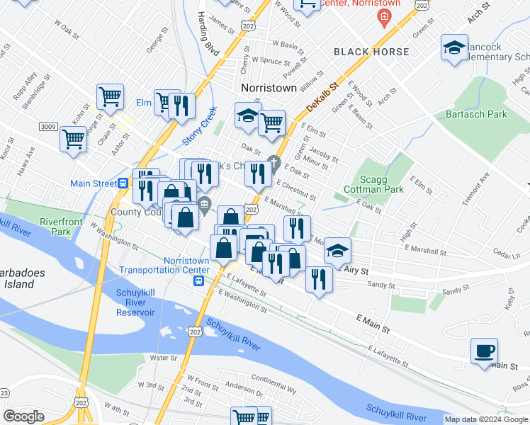 map of restaurants, bars, coffee shops, grocery stores, and more near 531 Green Street in Norristown