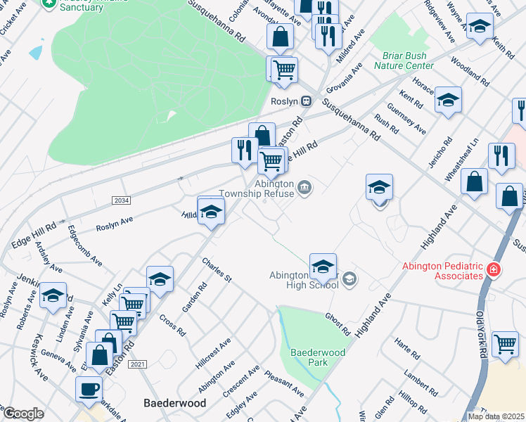 map of restaurants, bars, coffee shops, grocery stores, and more near 871 North Easton Road in Glenside