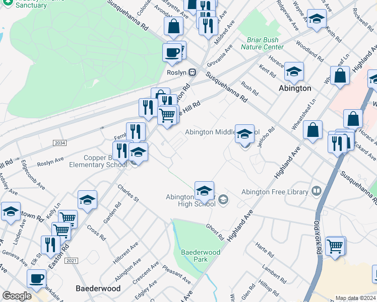 map of restaurants, bars, coffee shops, grocery stores, and more near 2211 Florey Lane in Abington