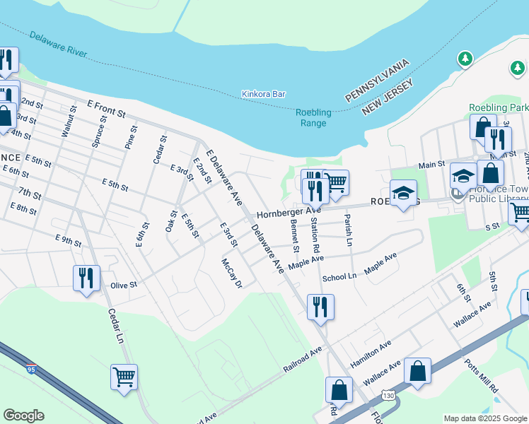 map of restaurants, bars, coffee shops, grocery stores, and more near 1043 Hornberger Avenue in Florence Township