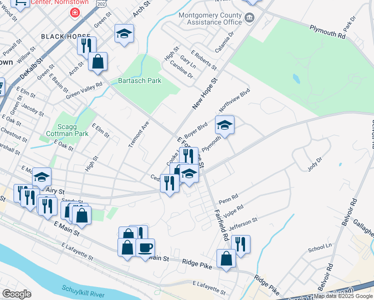 map of restaurants, bars, coffee shops, grocery stores, and more near 814 East Fornance Street in Norristown