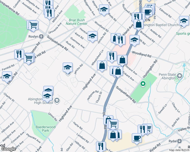 map of restaurants, bars, coffee shops, grocery stores, and more near 1964 Susquehanna Road in Abington