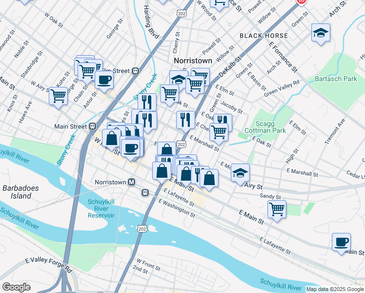 map of restaurants, bars, coffee shops, grocery stores, and more near 534 DeKalb Street in Norristown