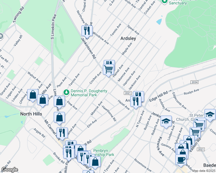 map of restaurants, bars, coffee shops, grocery stores, and more near 2756 Jenkintown Road in Glenside