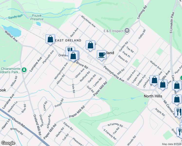 map of restaurants, bars, coffee shops, grocery stores, and more near 1223 Bruce Road in Oreland