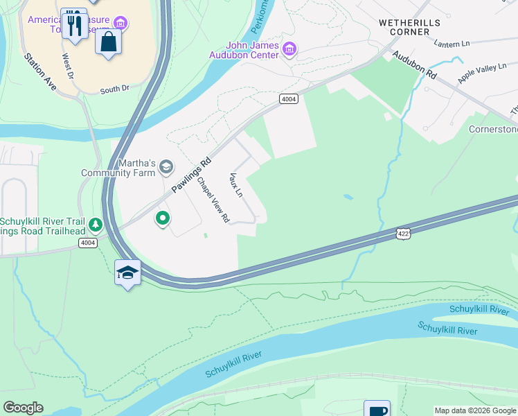 map of restaurants, bars, coffee shops, grocery stores, and more near 32 Vaux Lane in Phoenixville
