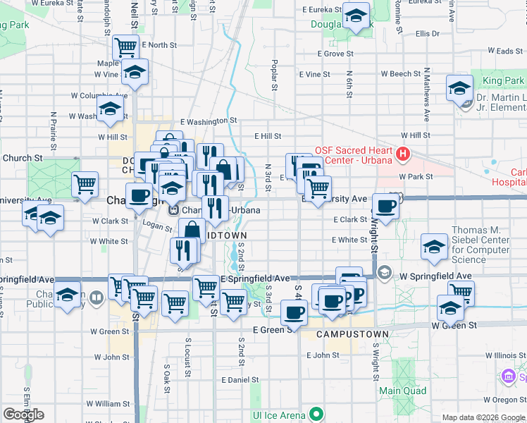 map of restaurants, bars, coffee shops, grocery stores, and more near 105 South 3rd Street in Champaign