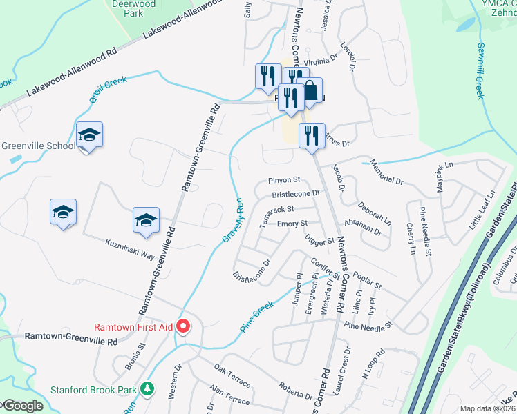 map of restaurants, bars, coffee shops, grocery stores, and more near 30 Bristlecone Drive in Howell Township