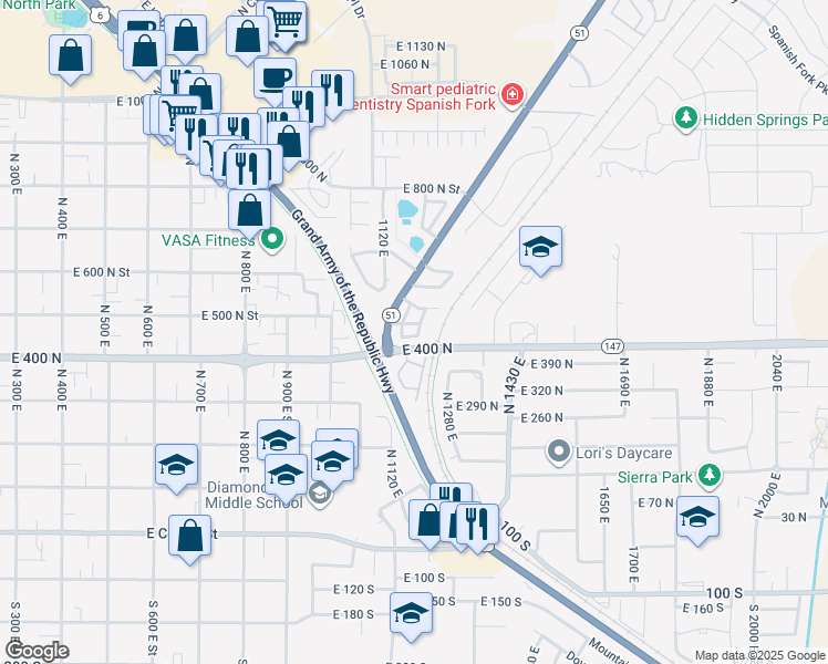 map of restaurants, bars, coffee shops, grocery stores, and more near 453 North 1210 East in Spanish Fork