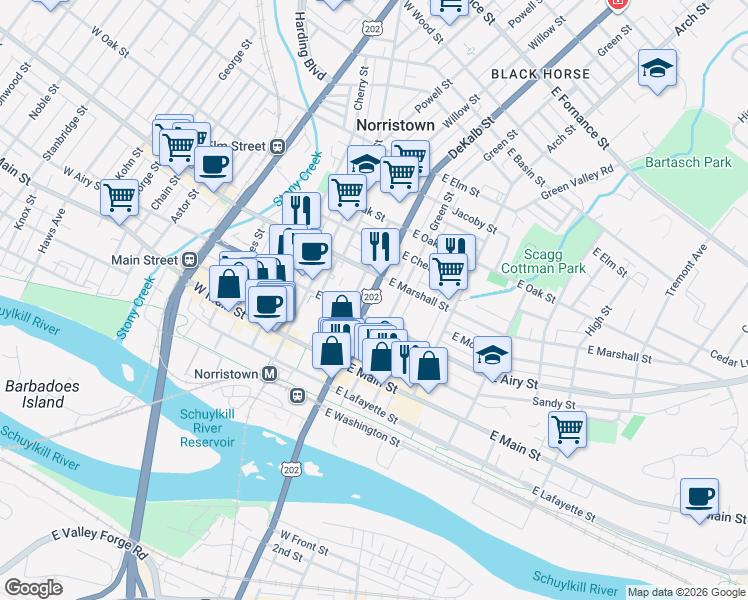 map of restaurants, bars, coffee shops, grocery stores, and more near 534 DeKalb Street in Norristown