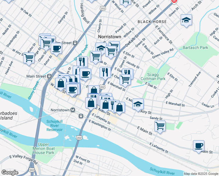 map of restaurants, bars, coffee shops, grocery stores, and more near 537 Green Street in Norristown