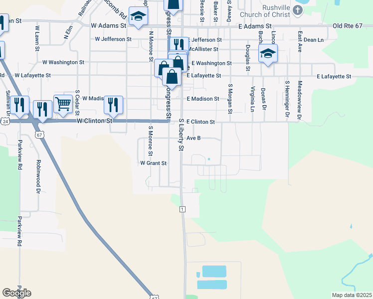 map of restaurants, bars, coffee shops, grocery stores, and more near 328-398 South Liberty Street in Rushville