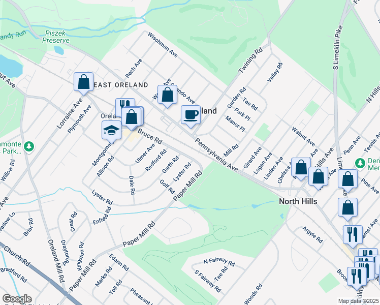 map of restaurants, bars, coffee shops, grocery stores, and more near 1213 Paper Mill Road in Oreland