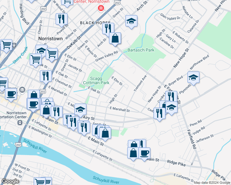 map of restaurants, bars, coffee shops, grocery stores, and more near 827 High Street in Norristown