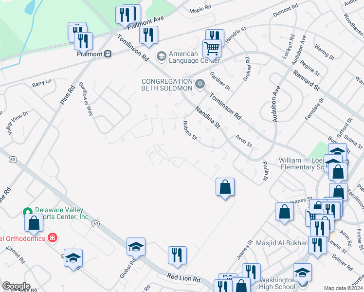 map of restaurants, bars, coffee shops, grocery stores, and more near 10079 Sandmeyer Lane in Philadelphia