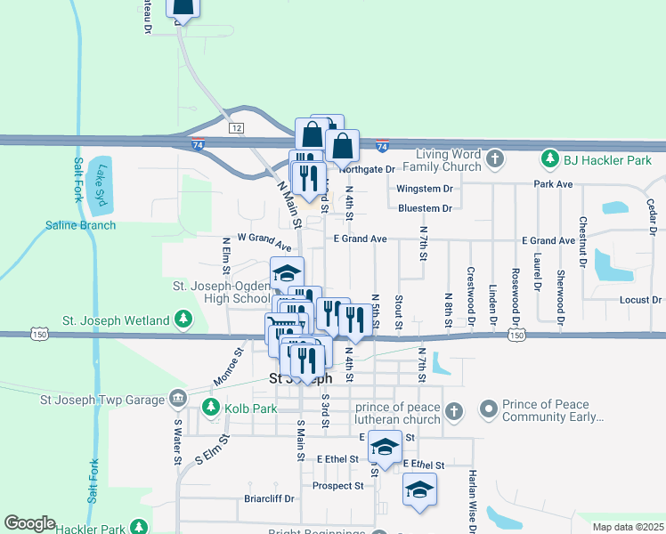 map of restaurants, bars, coffee shops, grocery stores, and more near 509 North 4th Street in Saint Joseph