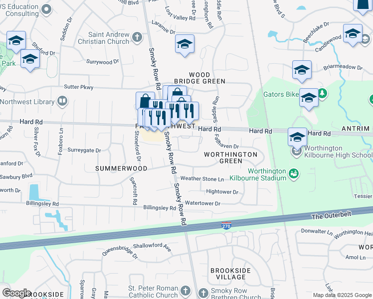 map of restaurants, bars, coffee shops, grocery stores, and more near 1846 Wetherburn Drive in Columbus