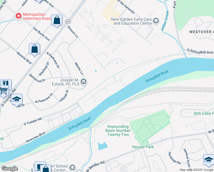 map of restaurants, bars, coffee shops, grocery stores, and more near 69 West Indian Lane in Norristown
