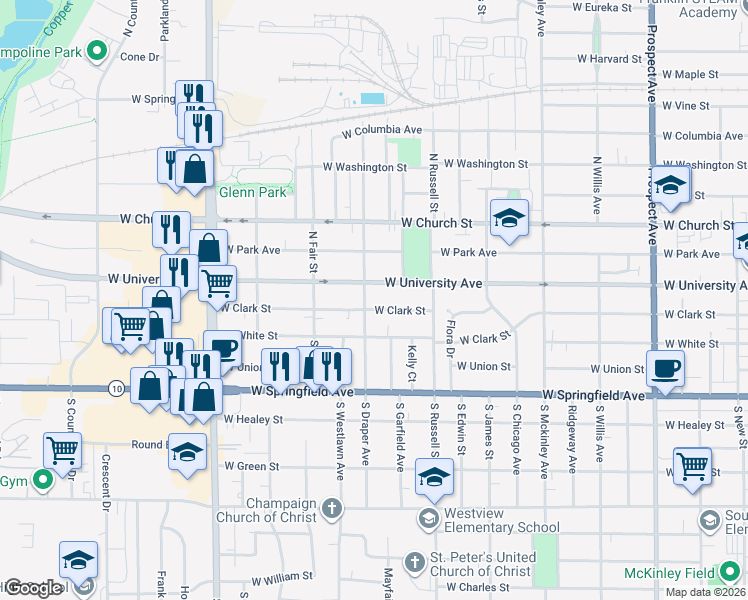 map of restaurants, bars, coffee shops, grocery stores, and more near 105 South Draper Avenue in Champaign