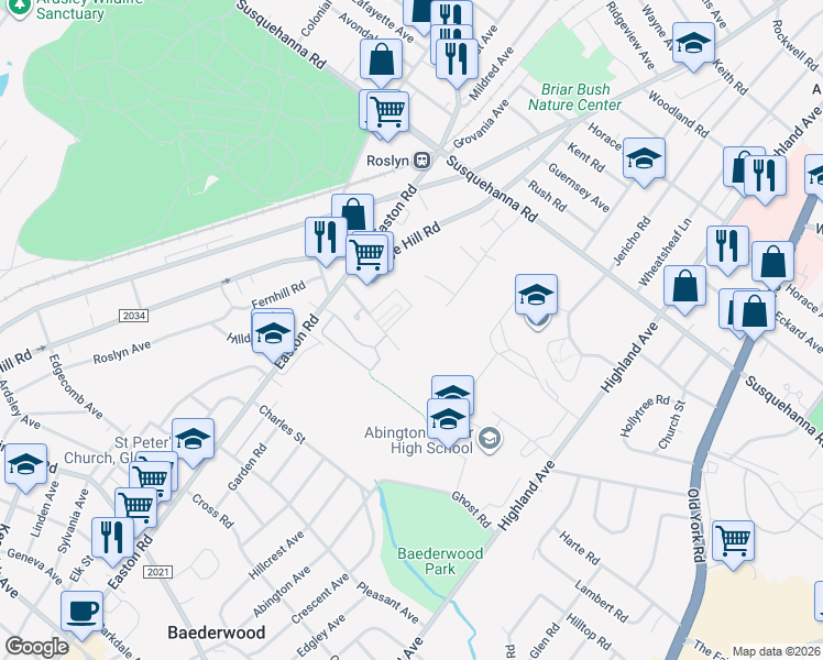 map of restaurants, bars, coffee shops, grocery stores, and more near 2201 Florey Lane in Abington